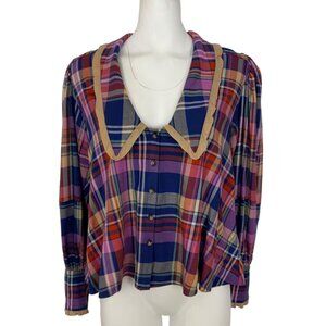 Free People Bexley Plaid Top Blouse M Balloon Long Sleeve Button Front Collar